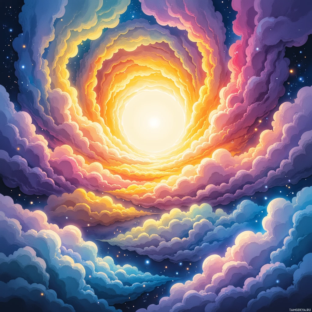 Semi-abstract image with many empty light space at center of beautiful background, that is suitable for the post:  I stitch clouds of uncertainty with rainbow thread, letting them float away.