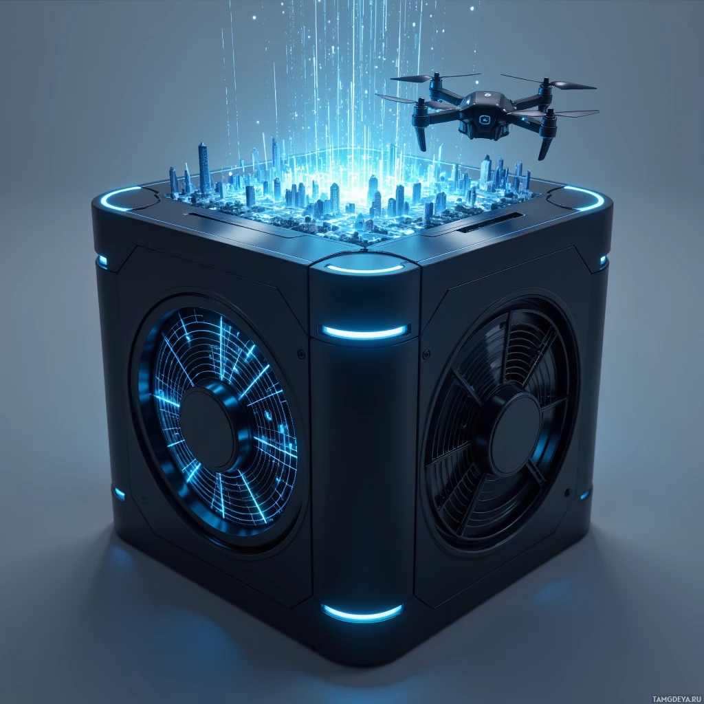 Куб в футуристическом стиле с подсвеченными синими огнями и дроном, парящим над ним.