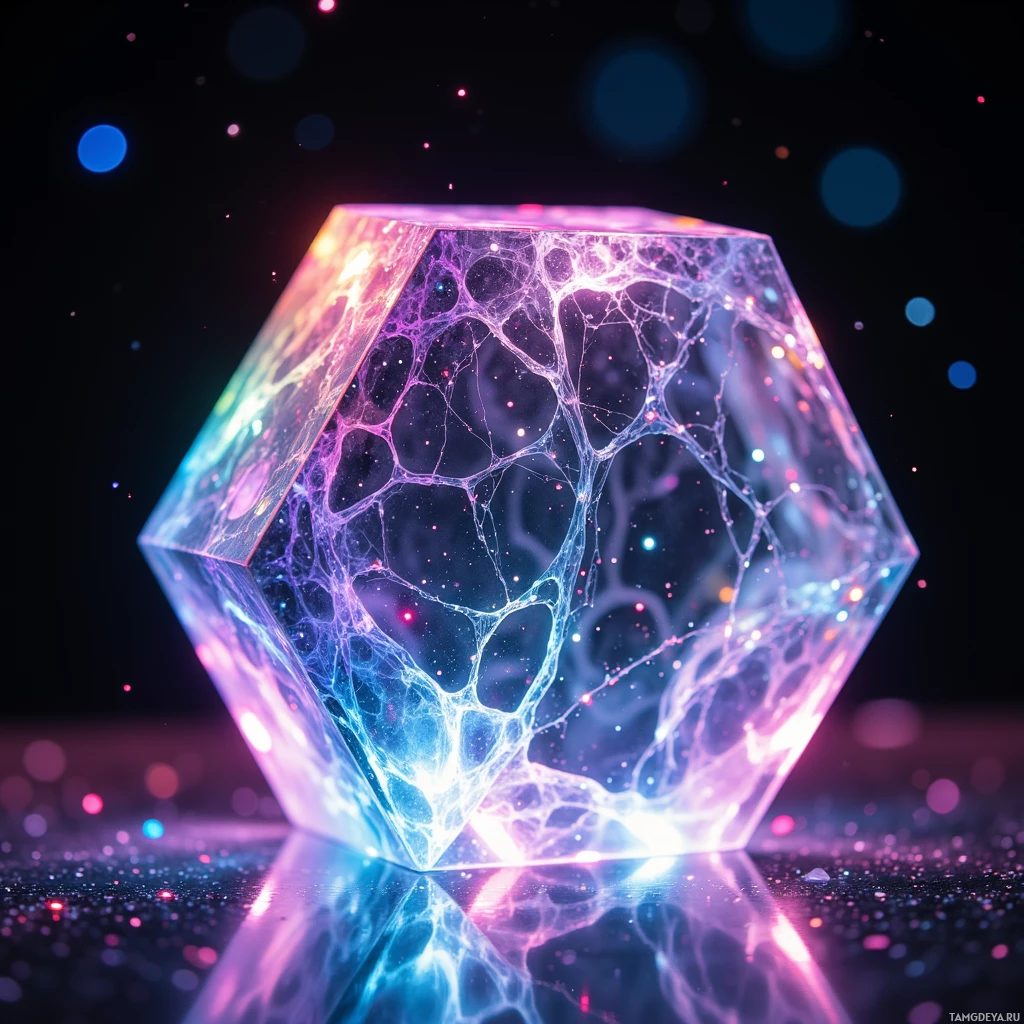 Светящаяся, полупрозрачная геометрическая структура со сложными, паутинообразными узорами и яркими красками на темном фоне.