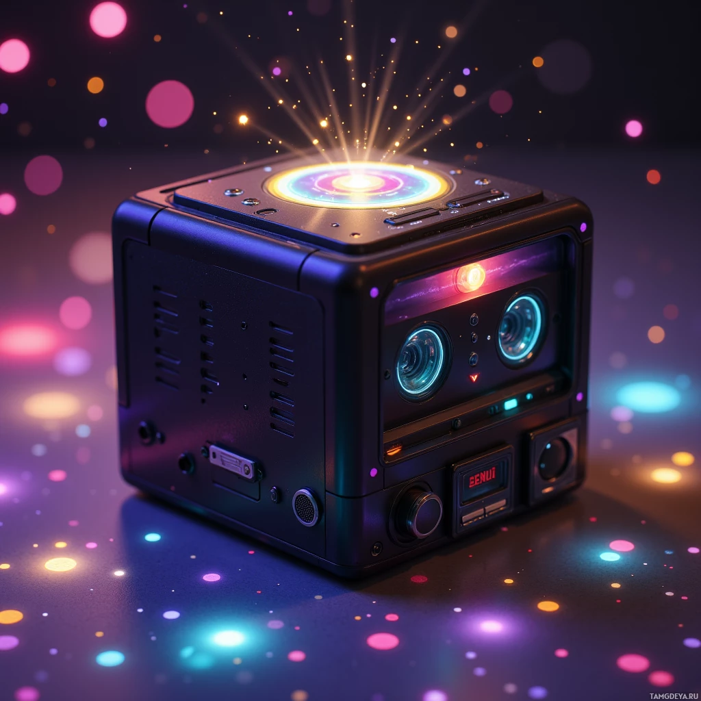 Semi-abstract image with many light, that is suitable for the post:  A sleek matte black cube shaped like a retro cassette player, with subtle metallic trim, a tiny hologram projector dot emitting vibrant glows, a recessed microphone grille, a tiny LED laugh meter display, and a discreet confetti dispenser nozzle, all finished in glossy polymer.