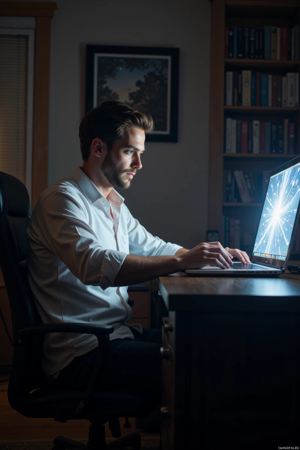 Realistic high quality photo. Man, 31, light brown short hair, blue eyes, crisp white shirt, slim black jeans, intensely focused at a dimly lit home office desk with a laptop displaying a faint constellation glitch pattern on the screen, late evening.