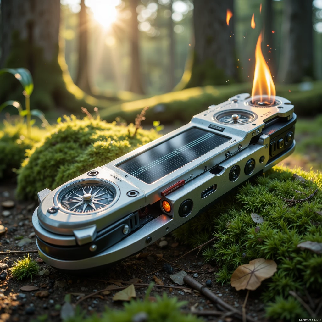 Semi-abstract image with many light, that is suitable for the post:  All‑aluminum rust‑proof pocket‑knife‑shaped multi‑tool featuring a translucent solar panel, built‑in fire plough, hygrometer, moss‑grown compass disk, moss‑covered base, detachable tarp, and hand crank, rendered in earthy greens, metallic silvers, and subtle black accents.