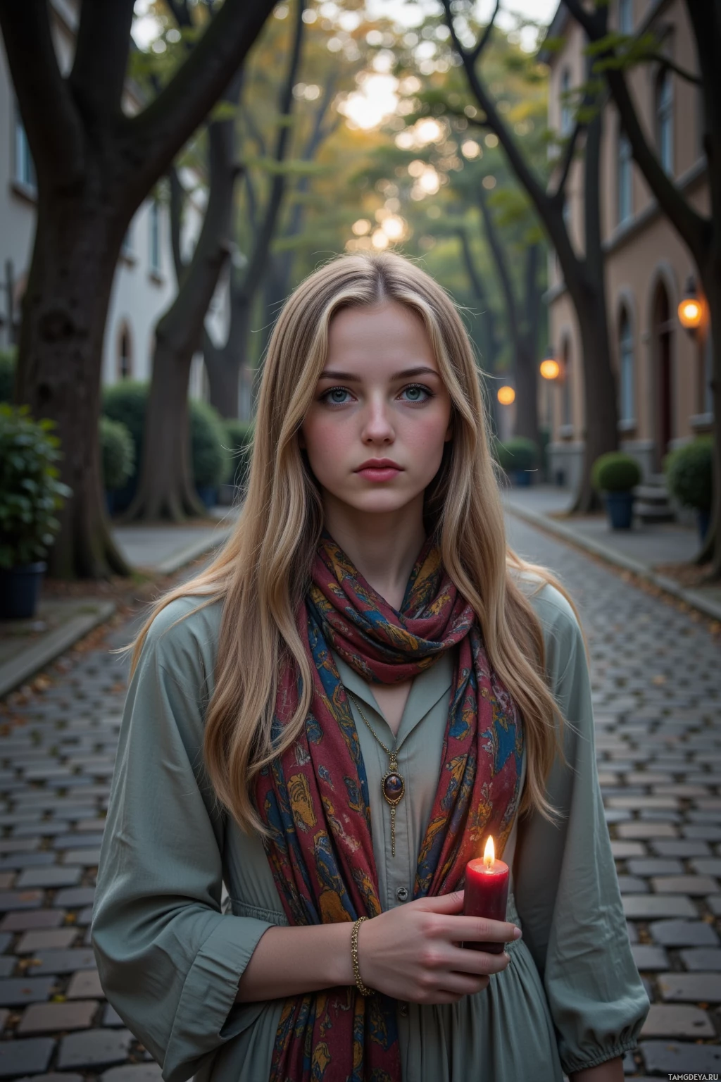 Realistic high quality photo. A young woman, 20, with long blonde hair, calm blue eyes, pale skin, wearing a simple elegant dress and a large colorful scarf, walking through a cobblestone street lined with ancient oaks at dusk, a candle in her hand casting a gentle glow on her determined face, while distant bards sing above, her posture reflecting quiet resilience.