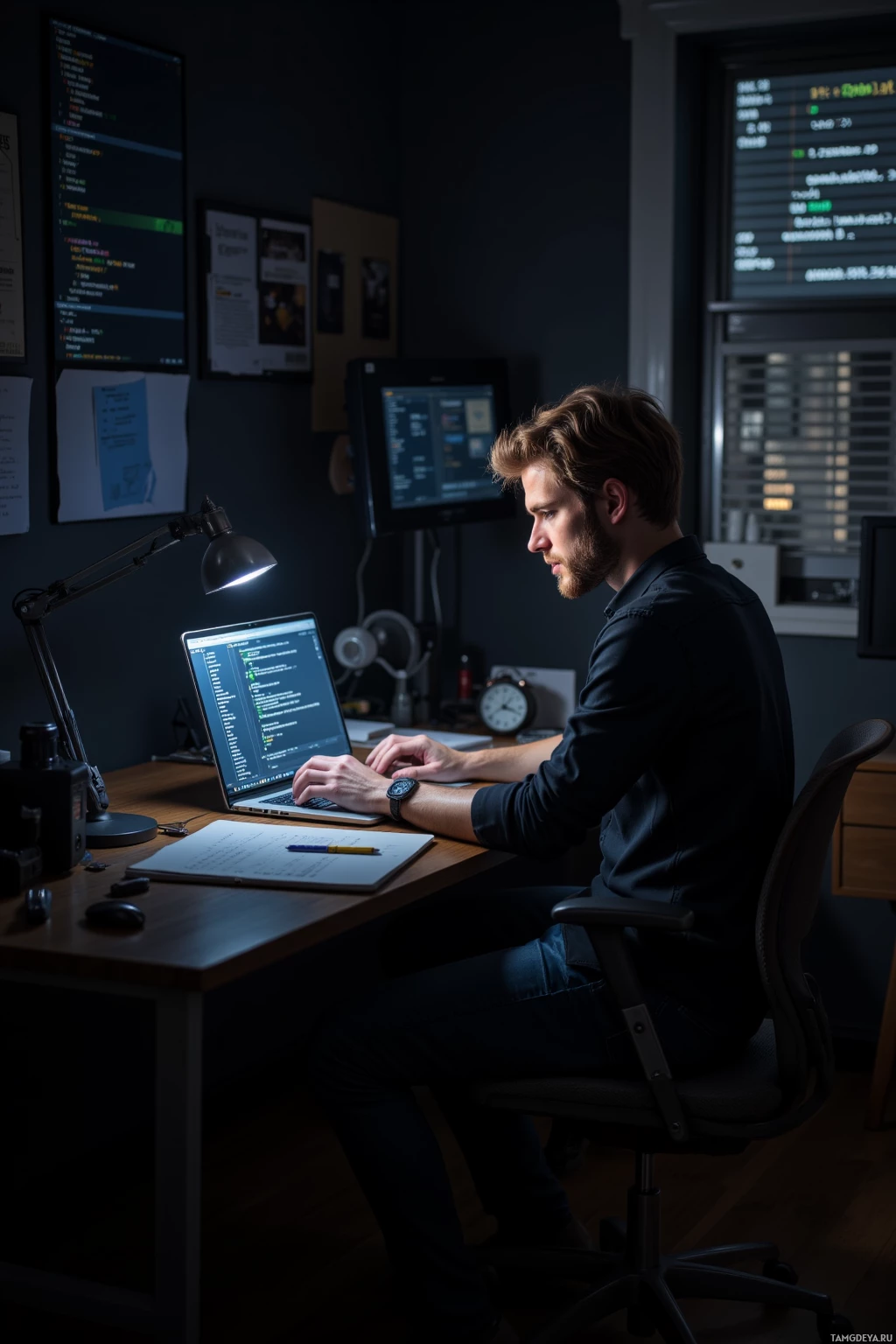 Realistic high quality photo. A 24‑year‑old man with light brown hair, hazel eyes, wearing a fitted black shirt and slim black jeans, sits at a dim office desk late at night, intensely focused on a glowing laptop screen filled with code, a small lamp casting soft light, surrounded by scattered coding notes and a silent clock.