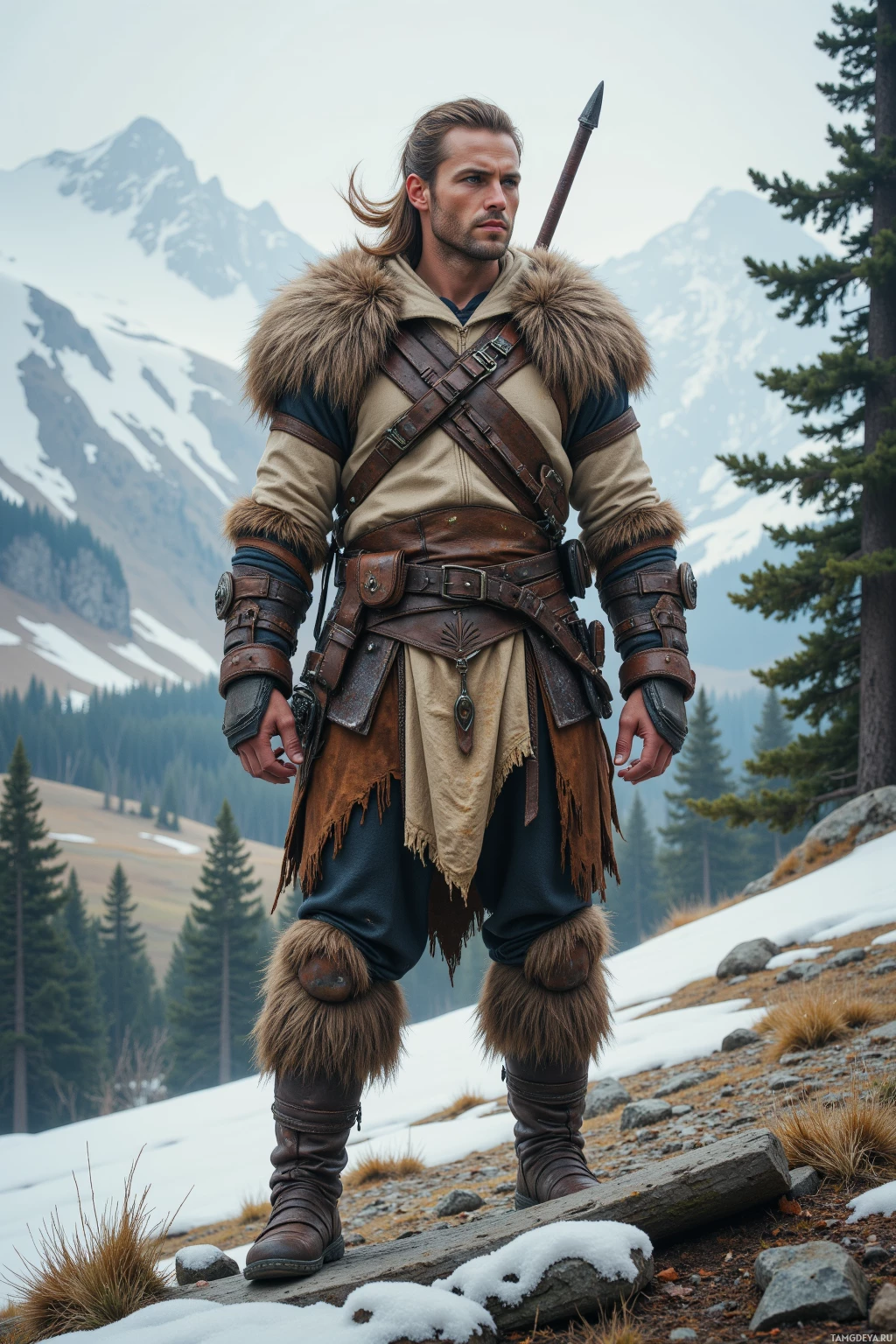 Realistic high quality photo. A 35‑year‑old male battle‑hardened warrior with long light brown hair tied back, piercing blue eyes, pale skin, wearing practical tribal leather and fur armor with an earthy‑tuned tunic and sturdy leather belt, stands on a wind‑blown ridge beside frost‑laced cedar trees, boots crunching on the earth, as he gazes at a valley echoing with tribal laughter and ancient cedar bark trembling, embodying resolute honor and command over nature.