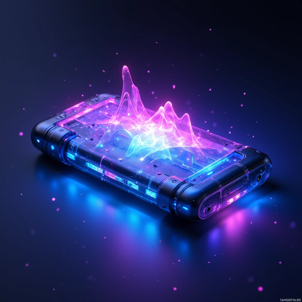 Semi-abstract image with many light, that is suitable for the post:  Translucent chrome pocket device with a surface that shifts from deep violet to electric blue as a scrolling waveform, glowing lines and glitchy pulsations, touch-responsive surface with subtle pulsing light and metallic edges.