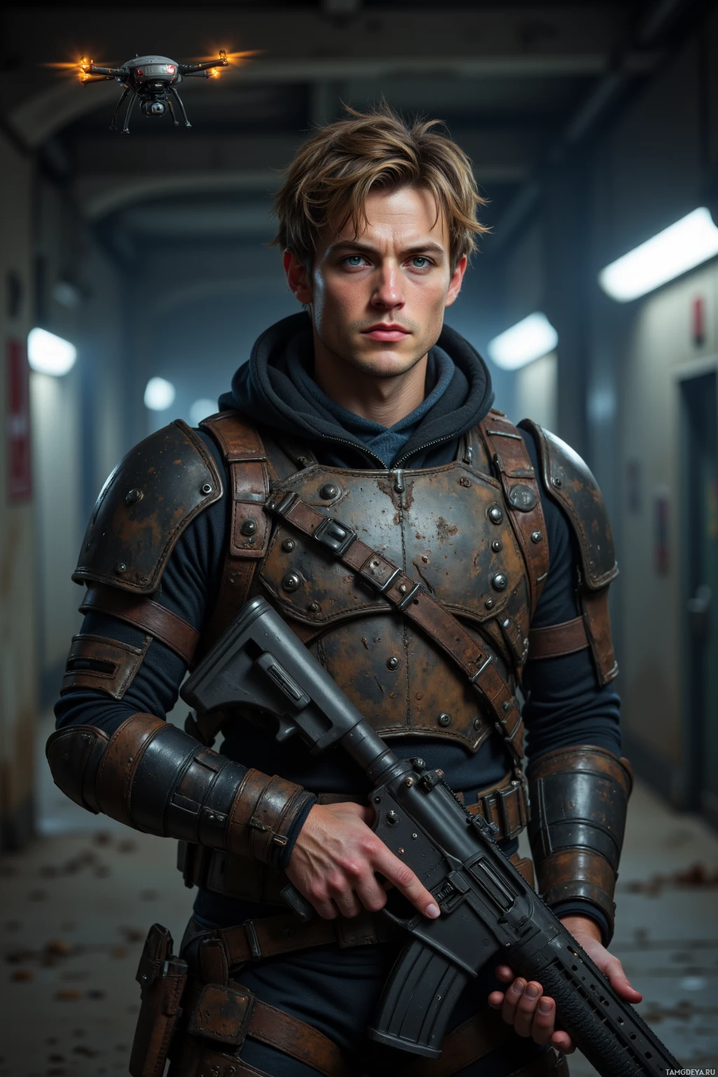 Realistic high quality photo. Rugged 31‑year‑old male with tousled light brown hair, piercing blue eyes, fair skin, wearing worn leather armor with metal studs, standing in a dark derelict metro station at night, holding a rusted rifle that still fires, a sarcastic drone hovering beside him as he demonstrates a broken shotgun turned into a party trick.