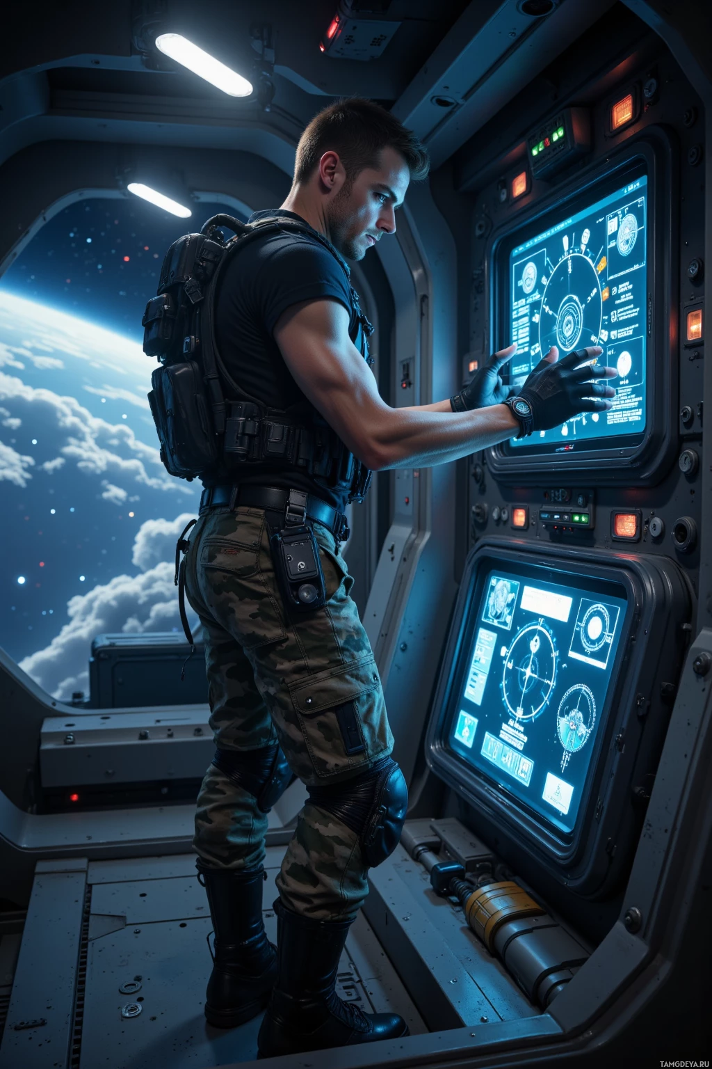 Realistic high quality photo. Male, 33, short brown hair, piercing blue eyes, sharp jawline, high cheekbones, fair skin, wearing a tactical vest, camouflage pants, and boots, standing on a dimly lit spacecraft deck at night, examining glowing sensor panels while fine‑tuning hull thrusters, with the hum of machinery and distant stars outside, crew laughter faintly audible from a nearby galley.