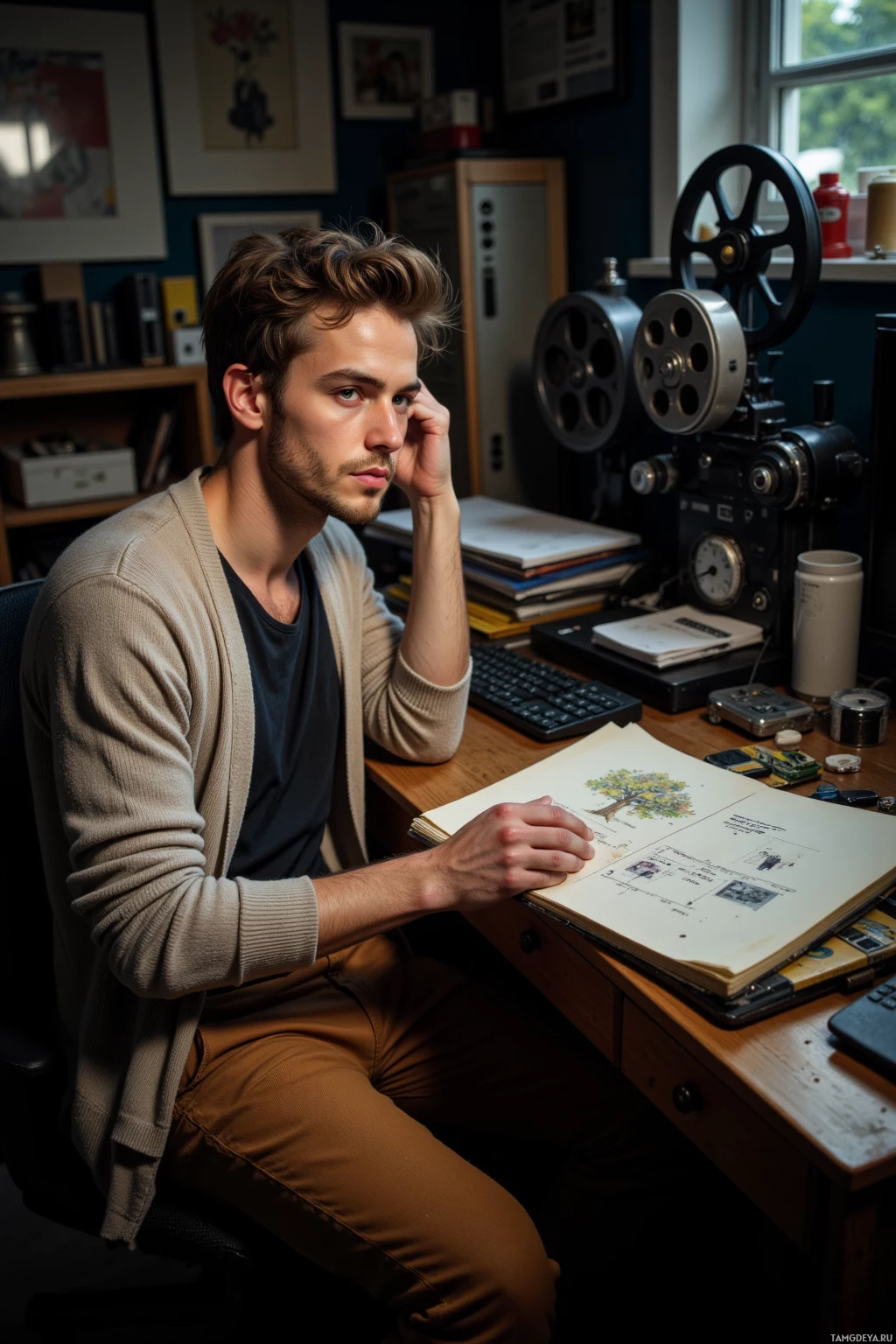 Realistic high quality photo. A 33‑year‑old man with light brown messy hair, green eyes, fair skin, wearing a soft cardigan and worn corduroy pants, sits in the dim corner of an editing suite, surrounded by a humming projector, yellowed film reels, a stack of clapperboard sketches on a cluttered desk, absorbing quiet strength in small flickers of memory.