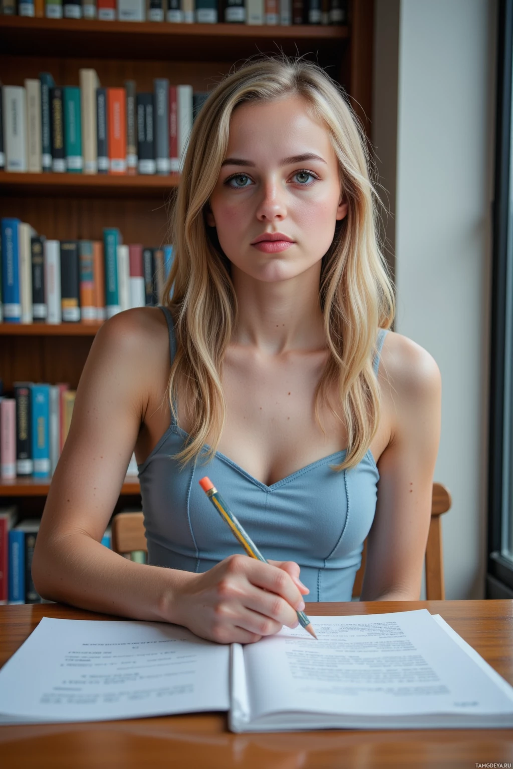 Realistic high quality photo. A 21‑year‑old woman with long blonde hair, bright green eyes, pale skin, wearing a simple light blue summer dress, sits at a quiet corner table in a campus library at dusk, rain drumming against the window as she holds a pencil poised over a sheet of paper, the soft shifting light across the desk reflecting her focused, determined mood.