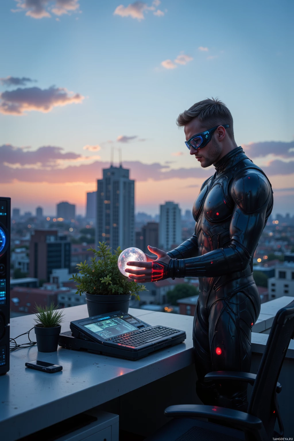 Realistic high quality photo. Male, 35, short light blonde hair, piercing blue eyes, pale complexion, wearing a sleek black jumpsuit with metallic accents and high‑tech goggles, with a glowing cybernetic wrist device, stands on an evening rooftop garden overlooking an urban horizon, calibrating a glowing neural interface while a small potted plant sits on a desk beside humming quantum servers, the scene bathed in soft twilight.