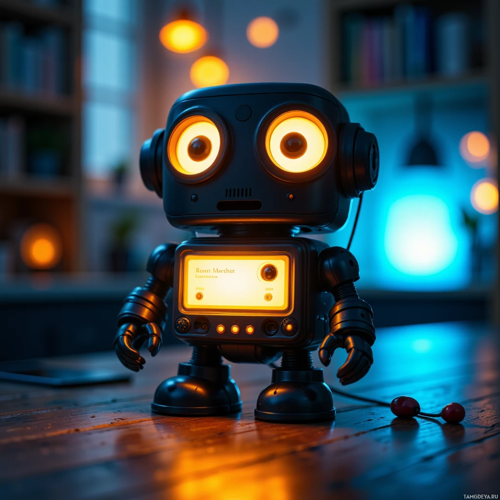 Semi-abstract image with many light, that is suitable for the post:  Tiny neon‑glowing robot lamp with a smooth matte black body, shifting colors from sunny yellow to mellow blue, emitting a soft glow and featuring a miniature speaker for jokes.