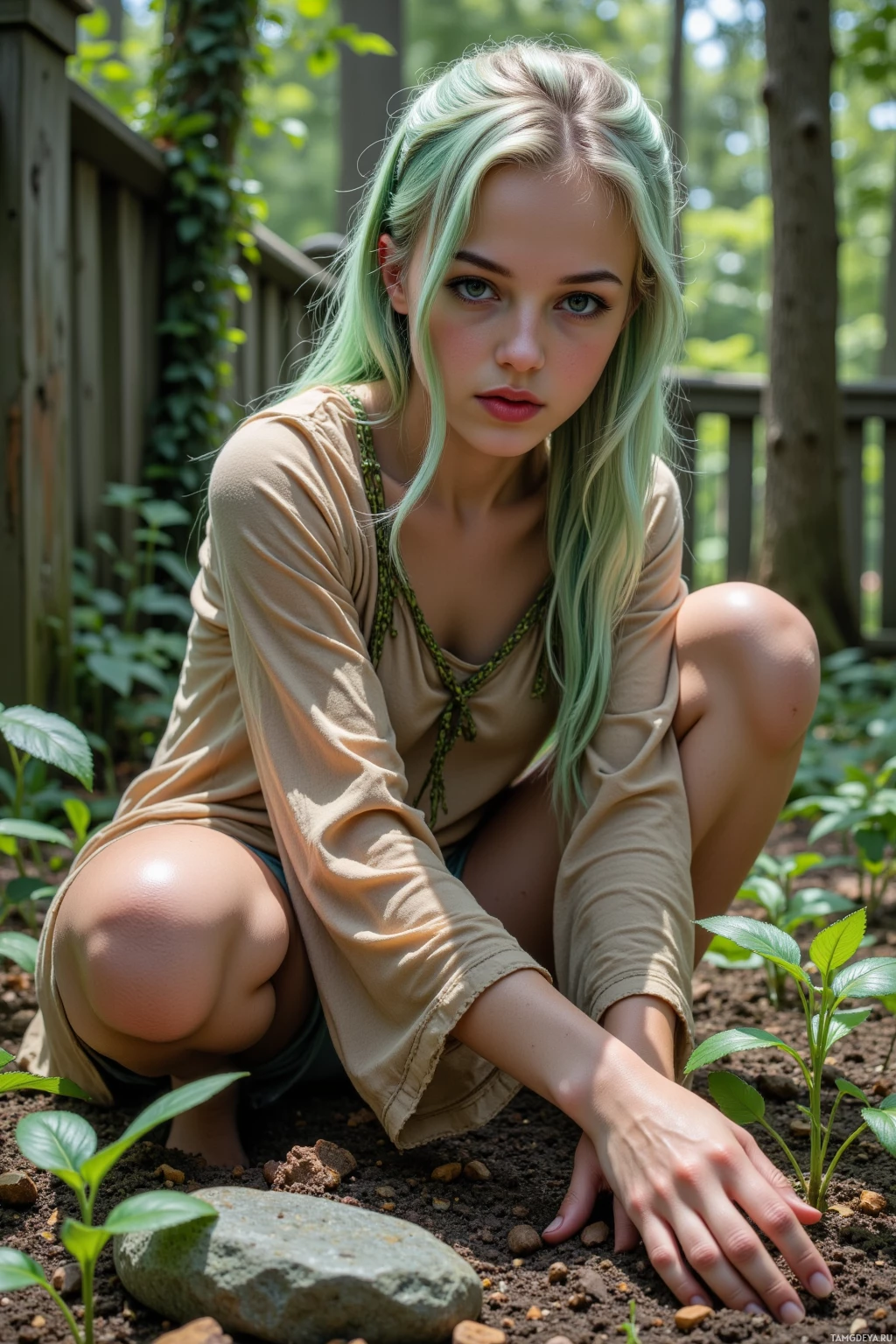 Realistic high quality photo. A 18‑year‑old woman with long light green hair in a loose ponytail, bright blue eyes, soft glowing skin, wearing flowy earth‑toned clothing adorned with leaves and vines, gently coaxing newly sprouted seedlings into soil in a forest clearing surrounded by a stone circle and ivy‑covered fence, singing softly as dappled light filters through the trees.
