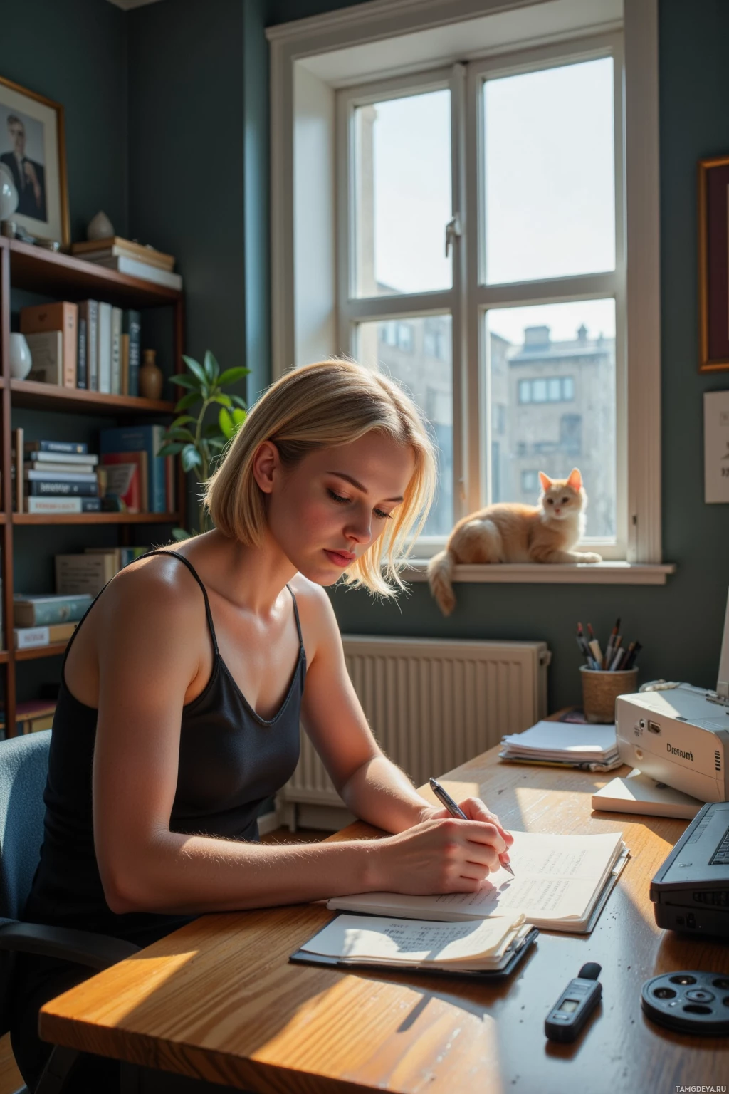 Realistic high quality photo. A 40‑year‑old woman with short blonde hair, blue eyes, pale skin, wearing a sleek black dress sits at a desk in a modern home office, a projector lamp glowing softly, she meticulously reviews notes on a forgotten Swedish drama while a cat perches on the windowsill, sunlight filtering in, film reels and a clipboard scattered across the table, her expression focused and intellectual.