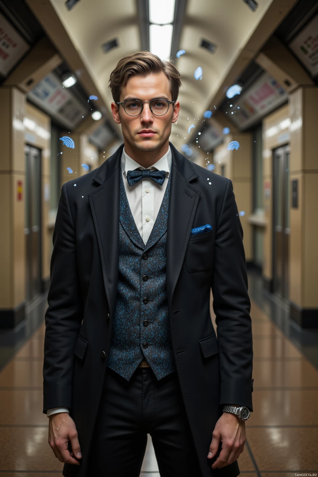 Realistic high quality photo. Male, 29, light brown hair, blue eyes, pale skin, wearing a tailored three-piece suit, crisp white shirt, patterned tie, Victorian bow tie, pixelated glasses, holding a silver pocket watch in one hand and a smartwatch on his wrist, standing on a beige‑tiled subway platform under dim fluorescent lighting with Wi‑Fi signal icons swirling around as meme code overlays, capturing a vintage wit in modern realism.