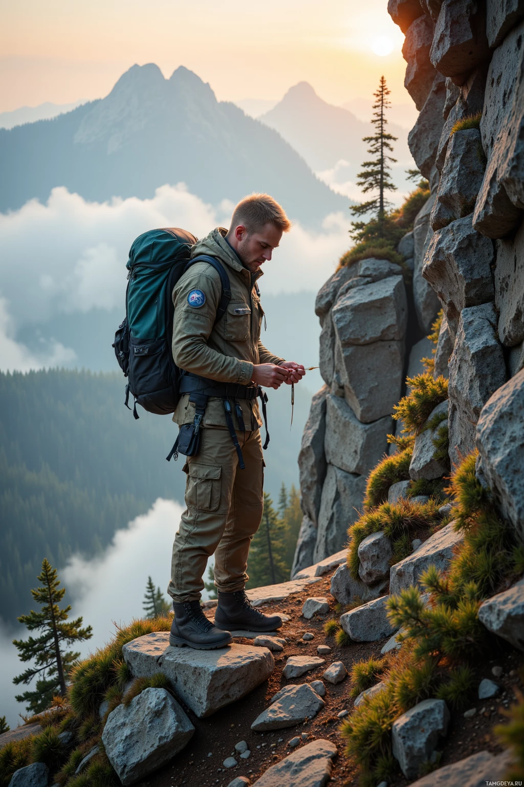 Realistic high quality photo. At dawn a 38‑year‑old man with a blonde buzzcut, blue eyes, pale skin, wearing a camouflage jacket, reinforced cargo pants, and hiking boots stands on a cliff base wrapped in layered tarp, moss on the rocks acting as compass, granola in his pack, correcting a climber's knot below, while a temporary shelter of pine bark and duct tape creates a maze of ridges for a nap.