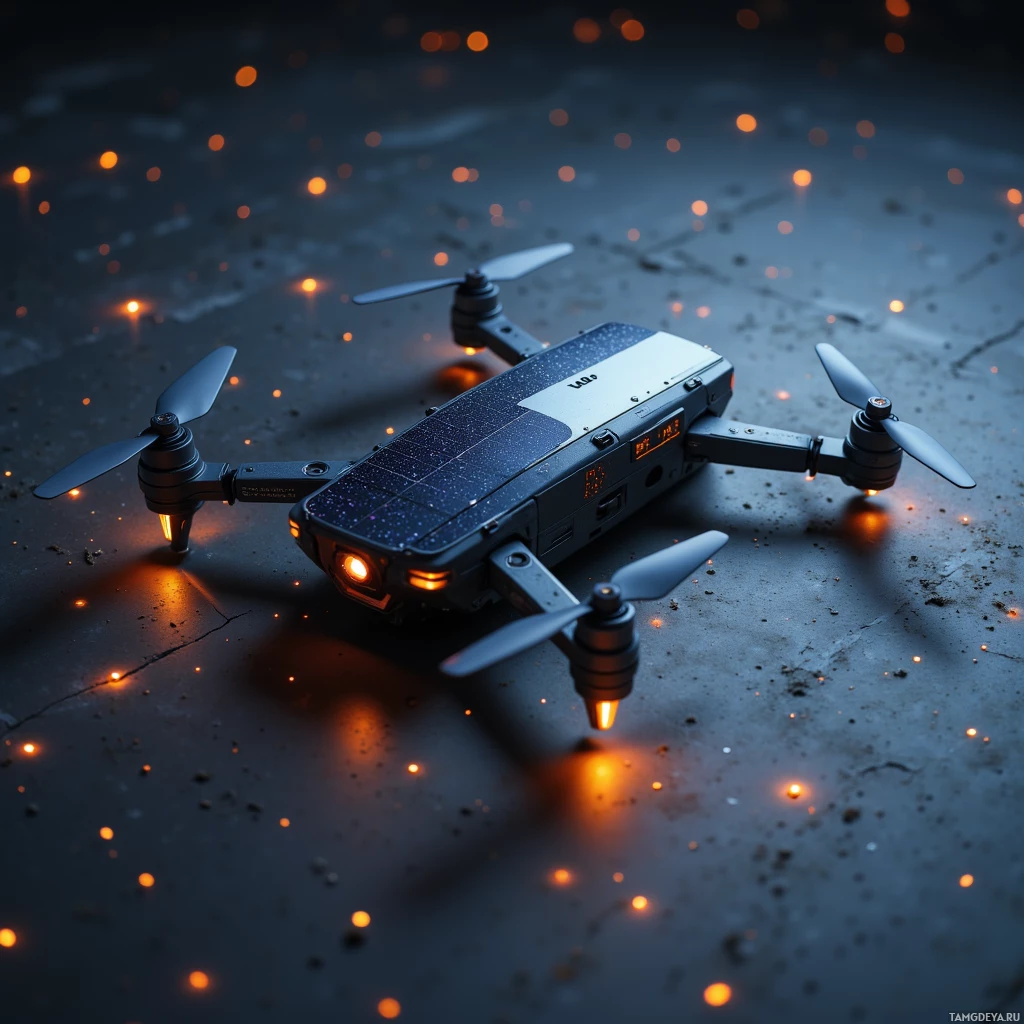 Semi-abstract image with many light, that is suitable for the post:  A sleek solar‑powered drone with a matte black chassis, translucent carbon‑fiber panels, a high‑resolution 8K camera housing, whisper‑silent motors, modular lens attachment points, and a foldable design.