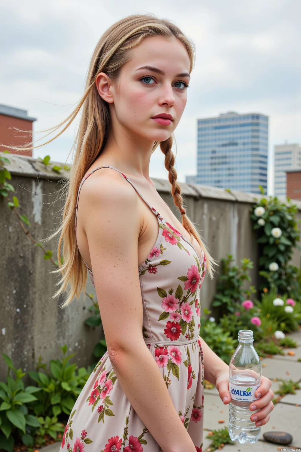 Realistic high quality photo. woman, 25, braided blonde hair, bright blue eyes, wearing a flowing floral dress in soft earth tones, standing on a rooftop garden with jasmine vines and a handful of river stones, wind blowing her hair, city buildings in background, holding a recycled plastic bottle, modern realism