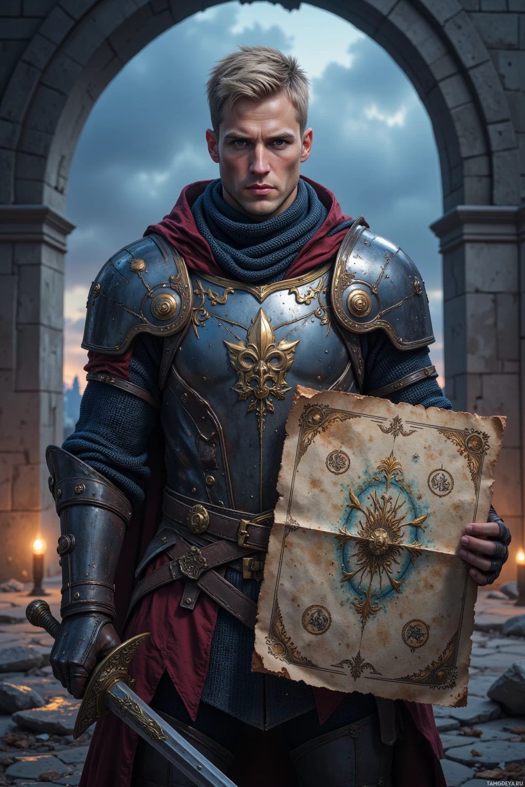 Realistic high quality photo. A muscular man, 32, short dark blonde hair, piercing blue eyes, stern jawline, wearing chainmail armor, helmet, and leather gloves, holds a faintly glowing ancient map in one hand and swings a sword in the other on a twilight battlefield beside a crumbling stone arch.