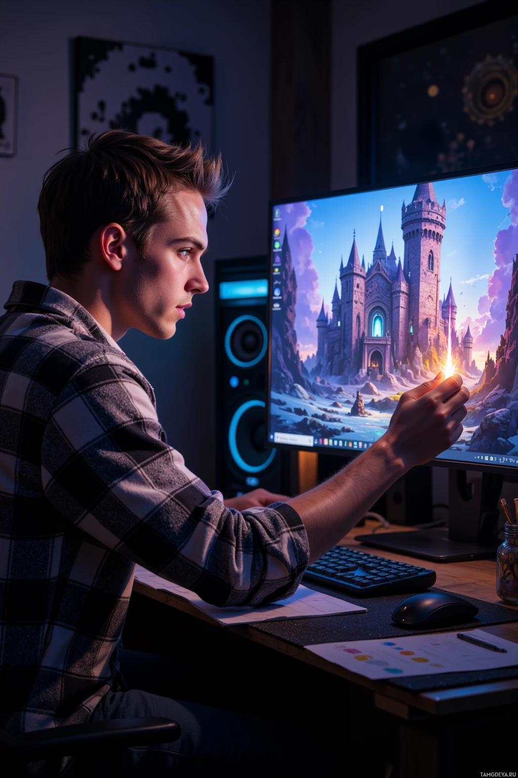 Realistic high quality photo. A 25‑year‑old man with short brown hair, bright blue eyes, pale skin, wearing a worn flannel shirt with pixel art patterns, sits at a desk in a dim studio at night, adjusting a color picker on a computer screen that displays a pixel knight with a blinking sword and a retro grid castle, his face showing focused frustration yet proud satisfaction, illuminated by the soft glow of the monitor.