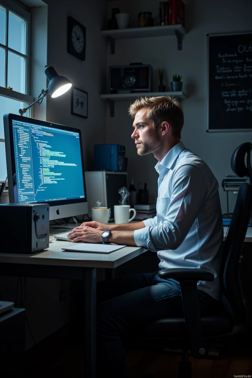 Realistic high quality photo. A 33‑year‑old man with short blonde hair, clear blue eyes, wearing a white dress shirt tucked into dark jeans, sits alone at a cluttered desk in a dimly lit home office, intently staring at a glowing monitor filled with a complex stack trace, a steaming mug of coffee beside him, the quiet hum of the computer echoing in the early morning.