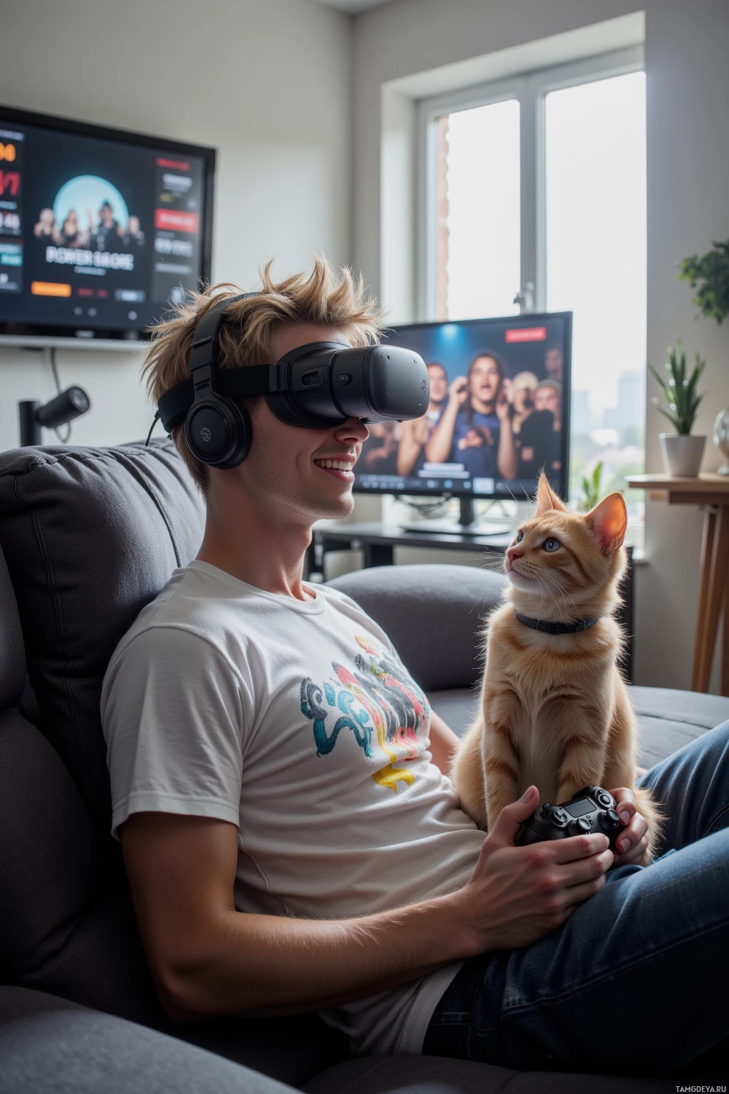 Realistic high quality photo. Male, 22, messy blonde hair, blue eyes, wearing a graphic t‑shirt and gaming headset, sits on a modern living‑room sofa with a cat perched on his VR controller, a computer screen before him shows a 404 error and a high score leaderboard, natural daylight pours through the window, a TV in the background displays NPCs singing karaoke, and he smiles amusedly at the playful scene.