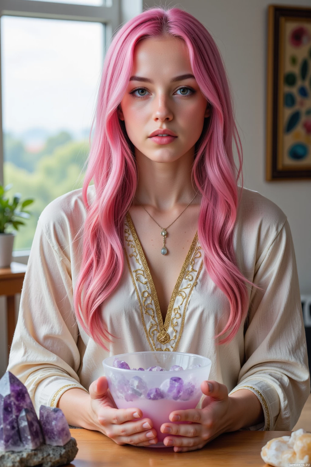 Realistic high quality photo. 29‑year‑old woman with long flowing pink hair, lavender eyes, golden skin, wearing shimmering robes with crystal patterns and a crystal pendant, seated in a modern studio with a quartz bowl on a wooden table, circle of amethysts, natural light pouring through a window, she is calmly breathing, aura of serenity.