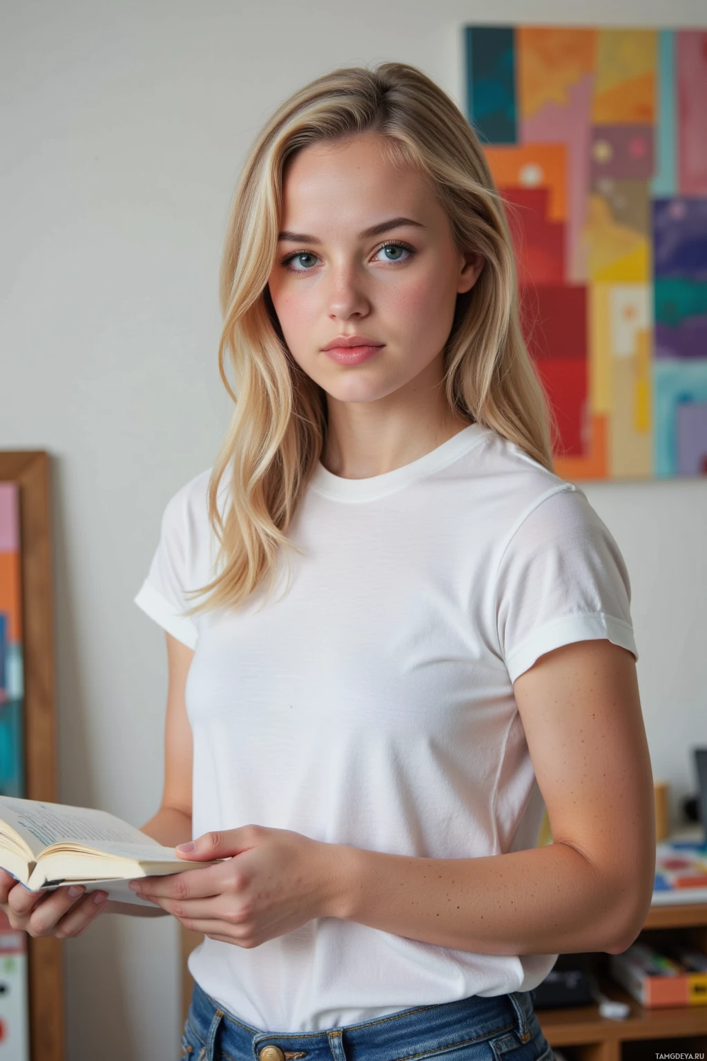 Realistic high quality photo. Female 25‑year‑old woman with fair skin, blonde loose waves, bright blue eyes, wearing a white tee and jeans, standing in a quiet studio corner with a cluttered desk of color swatches and a half‑finished canvas, holding a notebook with a blue line and swapping a draft with a friend.