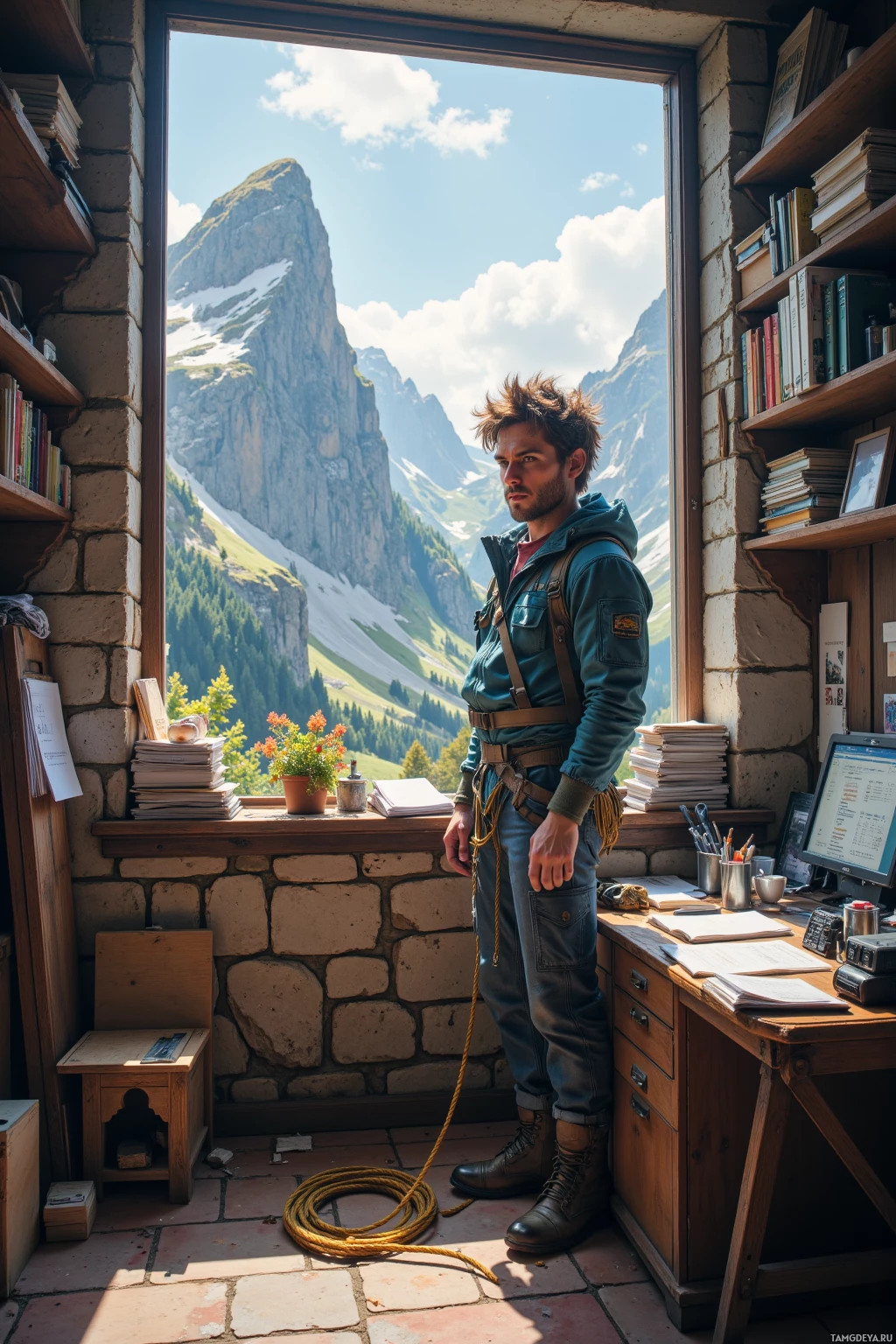 Realistic high quality photo. Tall 33‑year‑old man with windswept brown hair, bright blue eyes, sun‑kissed complexion, strong jawline, wearing a rugged outdoor jacket, durable pants, sturdy hiking boots, stands in a cluttered office with stone walls and a computer desk, holding a climbing rope in one hand and a spreadsheet in the other, leaning forward with a determined expression as he looks out a large window at a rugged mountain ridge under a bright noon sky.