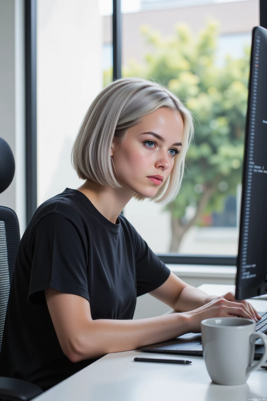 Realistic high quality photo. A 26‑year‑old woman with a sleek silver bob haircut and calm blue eyes, wearing minimalist modern style, sits at a desk in a quiet office with afternoon light streaming through a window, typing on a laptop while code and log output scroll across the monitor, a coffee mug beside her, her focused posture reflecting methodical software engineering.