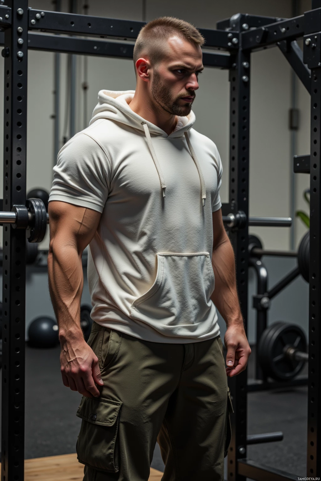 Realistic high quality photo. A muscular white male, 32, buzz cut brown hair, wearing a fitted white hoodie and utilitarian cargo pants, stands in a gym at dawn, staring intensely at a bench press, ready to lift, with a weight rack behind him and his face set with grim determination.