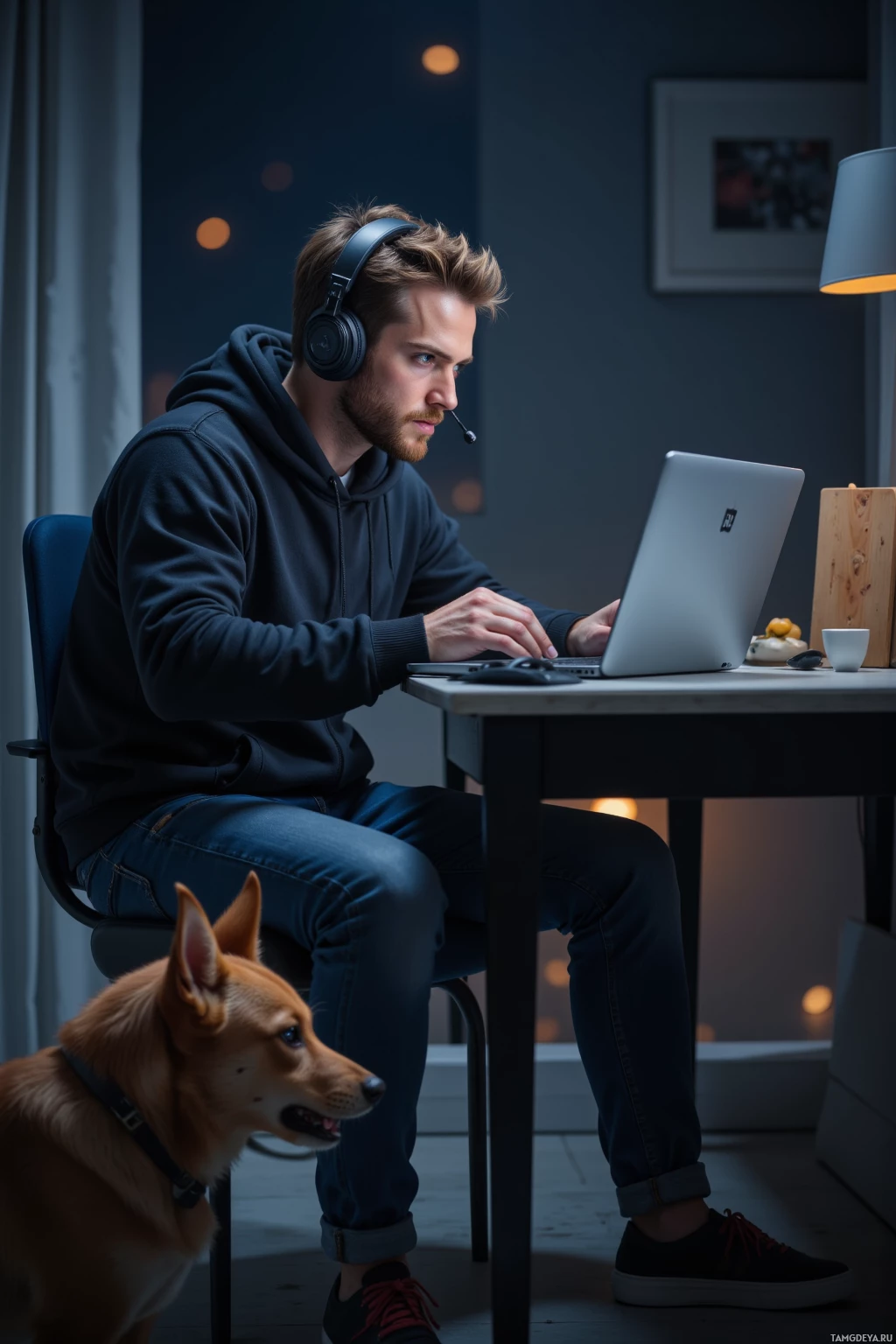 Realistic high quality photo. Tall 35‑year‑old male with brown hair, sharp blue eyes, pale skin, wearing a dark hoodie and jeans, sits at a sleek desk in a modern apartment at night, focused on a laptop with a gaming headset, a small brown dog in the corner barking, his hand poised over the mouse, tense expression of strategic determination.