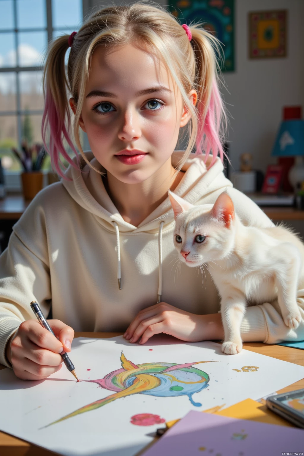 Realistic high quality photo. A 21‑year‑old woman with pastel pink twintails, blonde hair, blue eyes, fair skin, bright smile, oversized hoodie, sketching a hero in a studio bathed in soft glowing lights, a small cat leaping onto her sketchpad, she squeals with excitement in the afternoon.