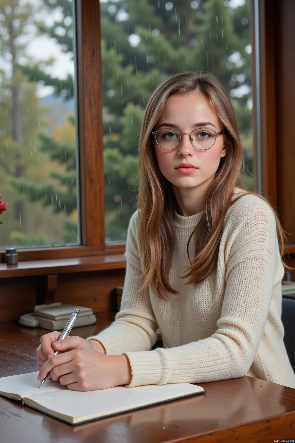 Realistic high quality photo. A woman, 30, with long light brown hair, blue eyes, round glasses, wearing a soft cream sweater, sits at a wooden writing desk in a cozy nook, rain streaming down a window, she leans over a notebook with a focused, restless expression.