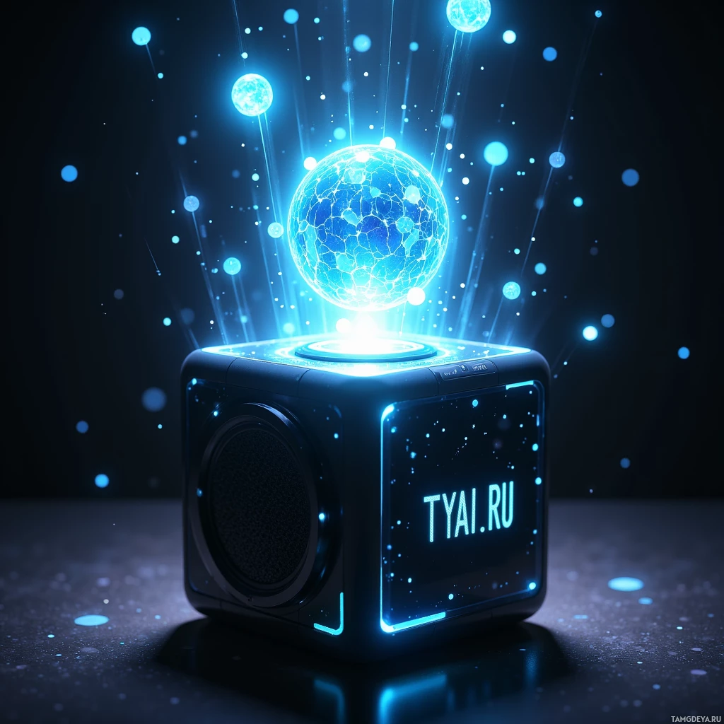 Semi-abstract image with many light, that is suitable for the post:  cube‑shaped Wi‑Fi gadget, matte black chassis with chrome accents, a small speaker protruding from one side, a transparent front panel with a glowing LED timestamp display, and a holographic projector emitting a spinning 3‑dimensional meme hologram.