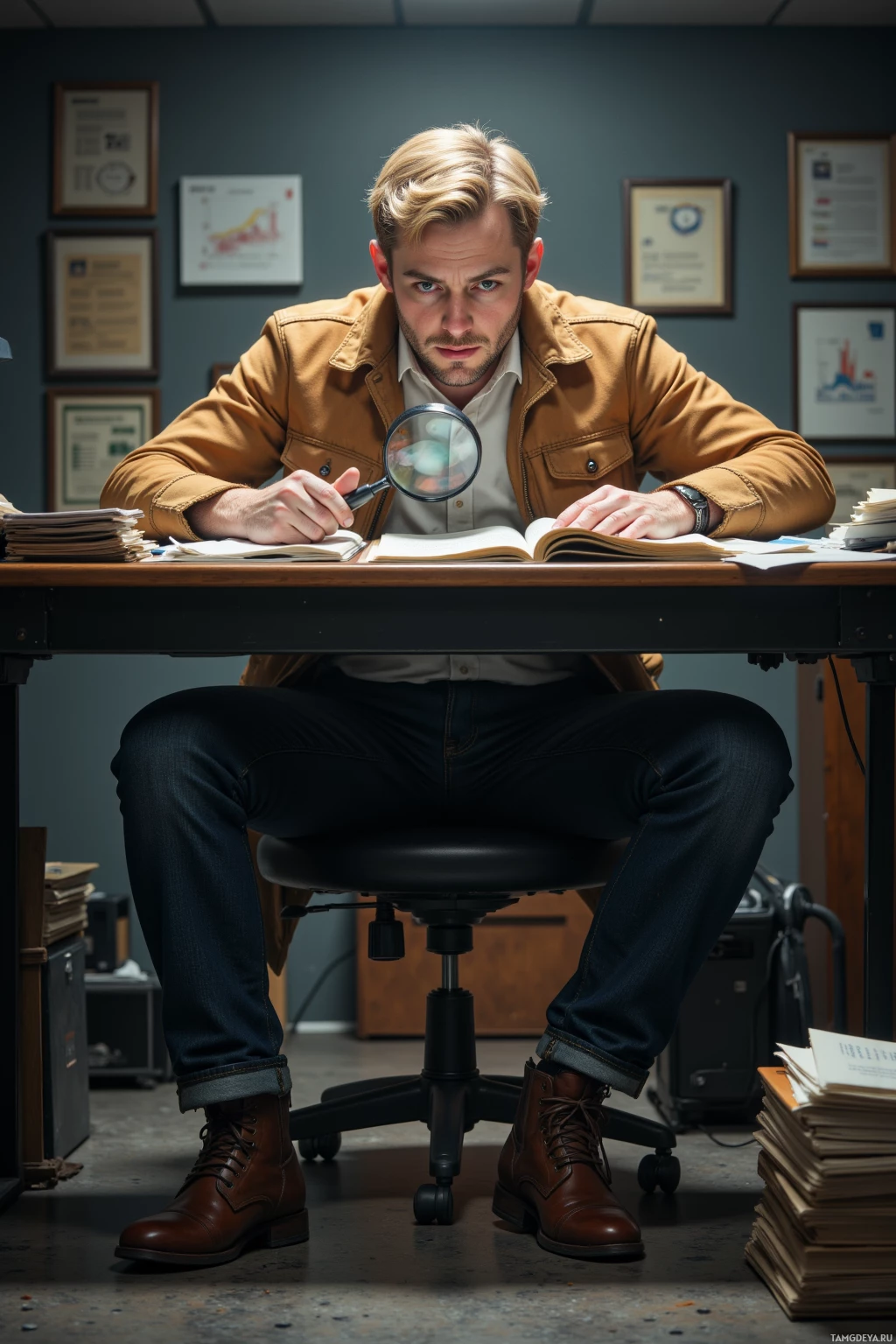Realistic high quality photo. Male, 34, short blonde hair, blue eyes, pale skin, wearing a worn tan jacket over a white shirt, dark jeans, brown leather boots, holding a magnifying glass with a sarcastic grin, hunched over a cluttered desk full of Excel spreadsheets and government documents in a dimly lit municipal office, looking exhausted yet methodical.