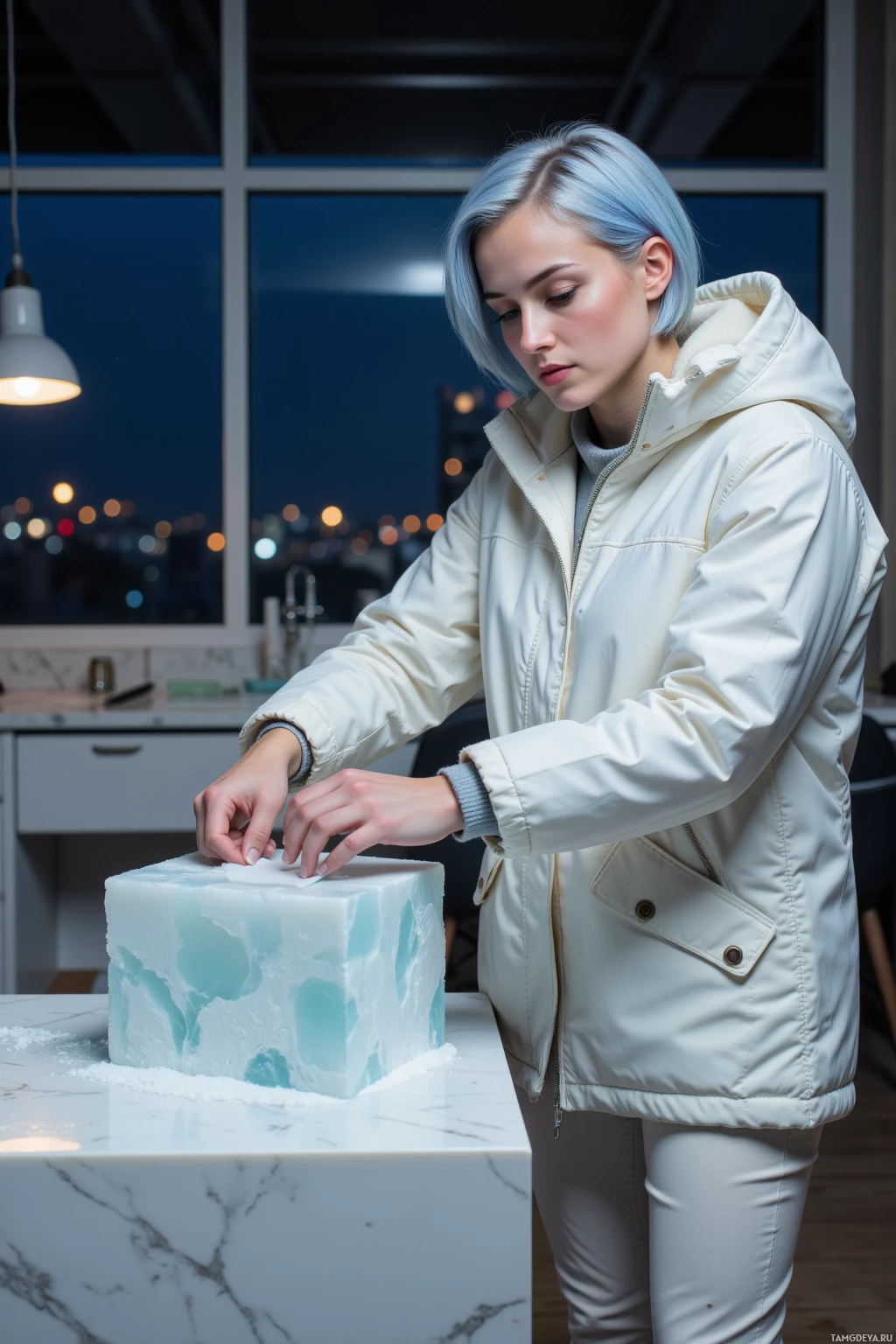 Realistic high quality photo. A woman, 25, short icy blue hair, fair skin, calm eyes, slender build, wearing a thick white parka, matching pants, warm black boots, standing in a quiet modern art studio, intensely carving a block of ice on a worktable, light from a single lamp illuminating her focused face, with a polished marble counter and faint city lights visible through a large window.