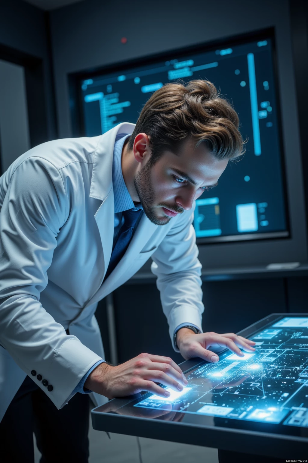 Realistic high quality photo. Male researcher, 30, short light brown hair, blue eyes, fair skin, wearing a sleek white lab coat over a crisp dress shirt and dark trousers, hunched over a hovering holo‑console in a dimly lit high‑tech lab, watching a fractal glitch ripple across the screen as he hesitates to press a key for a new loss function, data streams flickering across the walls, his focused face reflecting a mix of precise calculation and frustrated impatience.
