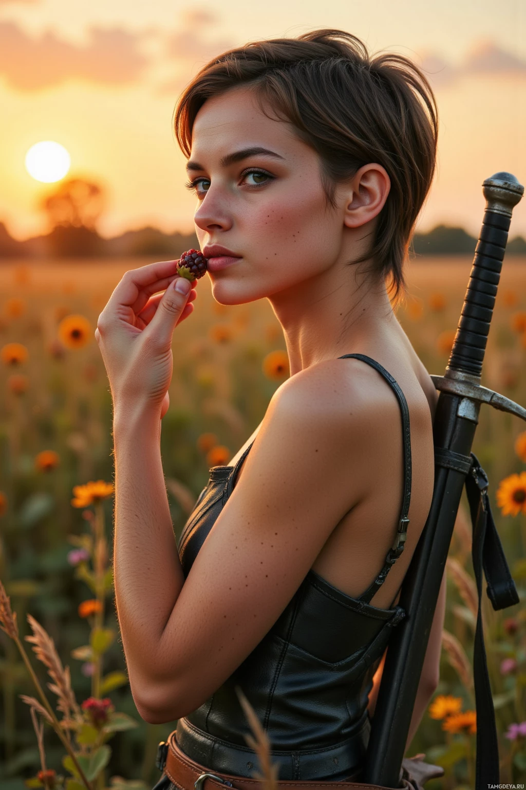 Realistic high quality photo. Tall 30‑year‑old female warrior with short messy dark hair, green eyes, porcelain skin, defined jawline, high cheekbones, small nose, wearing a sleeveless tunic, leather pants, heavy sword strapped across her back, standing in a golden twilight clearing after a skirmish with bandits, gentle wind blowing, she pauses to let the last rays kiss her cheek as she tastes fresh berries, calm yet battle‑ready.