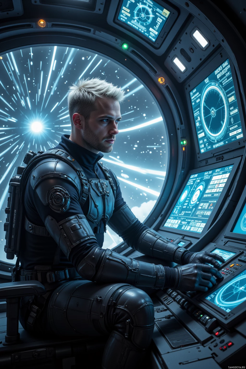 Realistic high quality photo. Tall 34‑year‑old man with short silver hair, piercing blue eyes, wearing sleek tactical gear, seated in a high‑tech spaceship control room, surrounded by holographic displays of a low‑density plasma field and spectral readouts, calibrating a quantum stabilizer, posture straight and focused, as a subtle pattern glows on the screens.