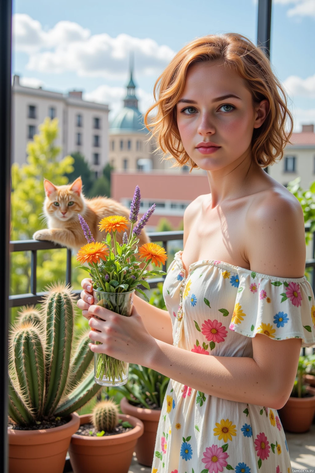 Realistic high quality photo. 24‑year‑old woman, curly red hair, green eyes, light linen dress with bright floral patterns, replacing a lavender sprig with a dandelion in a balcony terrarium, holding a citrus bouquet, cat perched on a cactus, balcony railing, potted plants, warm sunlight, blue sky