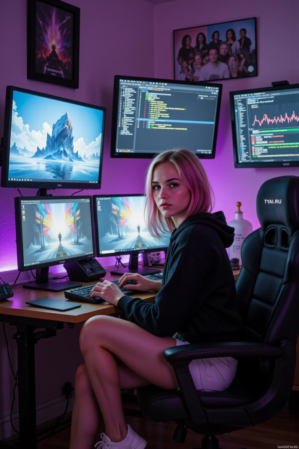 Realistic high quality photo. Young woman with shoulder‑length pink hair, blue eyes, fair skin, wearing a cropped hoodie, high‑waisted shorts, pastel sneakers, sits in a dimly lit home studio surrounded by multiple monitors showing glitchy video frames, a scrolling server log heartbeat, a floating chat window, and a board of abandoned usernames like trophies, editing her footage while a subtle analytics graph pulses in the background.