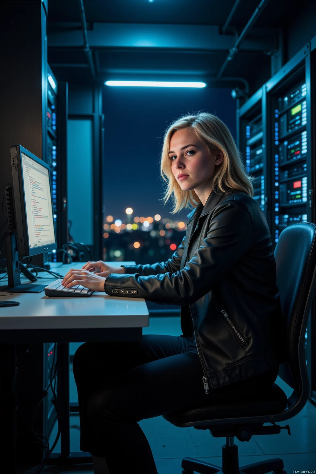 Realistic high quality photo. A lone woman in a dark leather jacket and pants, pale skin and blonde hair, sits in a dimly lit server room at night, her fingers dancing over a glowing keyboard while blinking monitors display code, with the distant city hum audible through a window and flickering LED panels casting a cold glow.