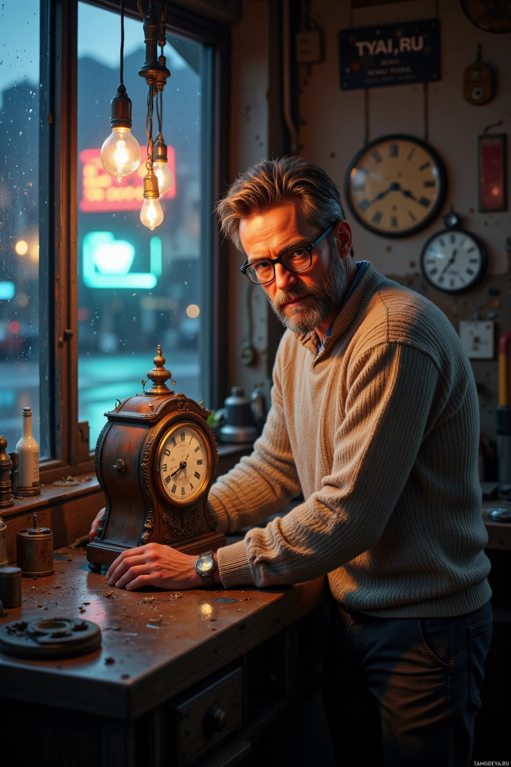 Realistic high quality photo. Man in his 40s with light brown hair mixed with grey, short beard, warm green eyes behind black‑rimmed glasses, wearing a soft light brown sweater and dark trousers, winding an old brass clock on a workbench in a dim, abandoned garage, rain drips on the window and neon signs reflect on wet asphalt outside, nighttime atmosphere.