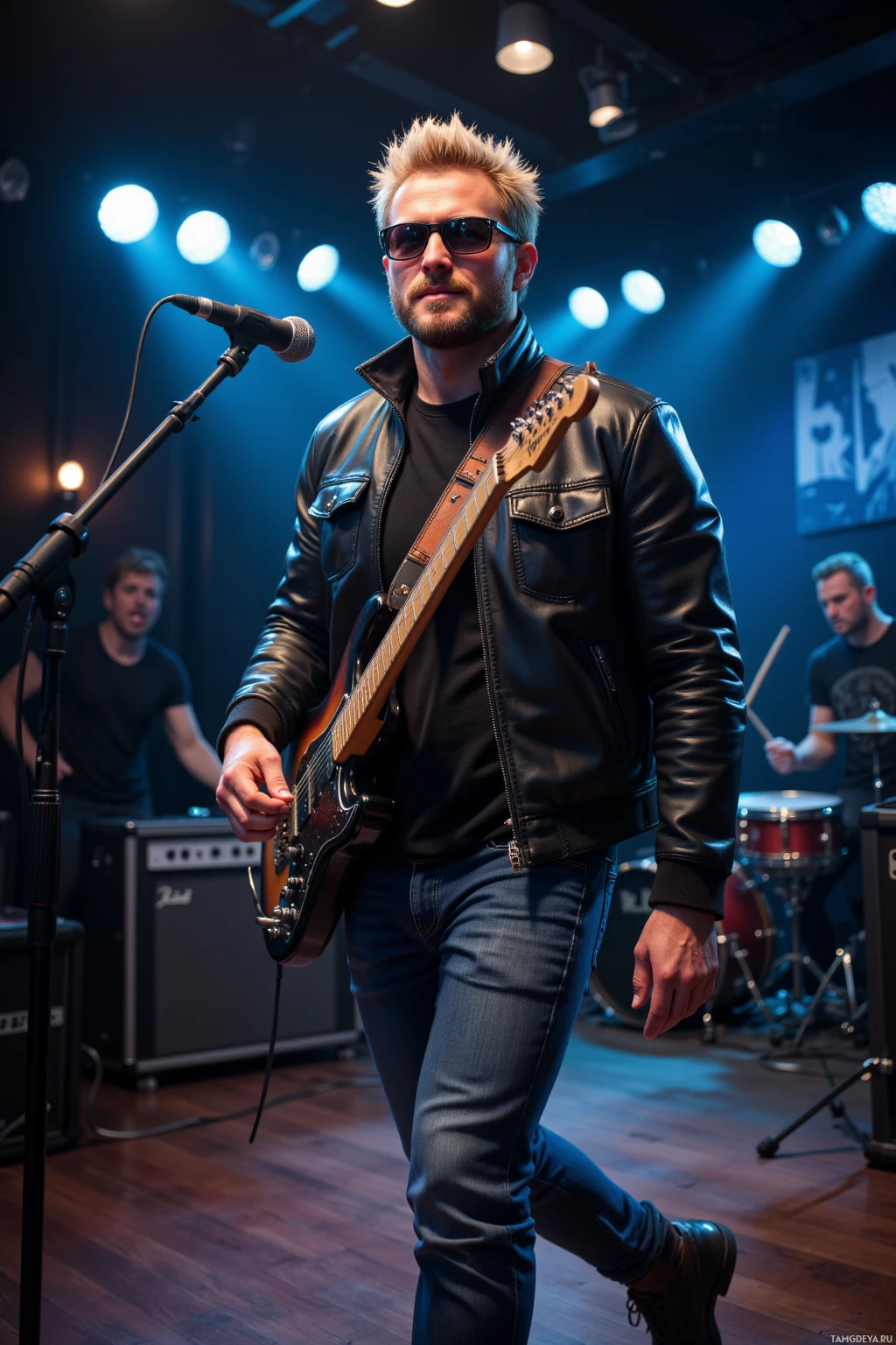 Realistic high quality photo. Strong 35‑year‑old male, bearded with blonde hair and piercing blue eyes, wearing a leather jacket and sunglasses, striding through a dimly lit empty recording studio at night with a guitar slung over his back, an amp beside a microphone, lights flickering, as he drops a mic after an intense solo while a drummer fumbles a beat and his grin exudes command.