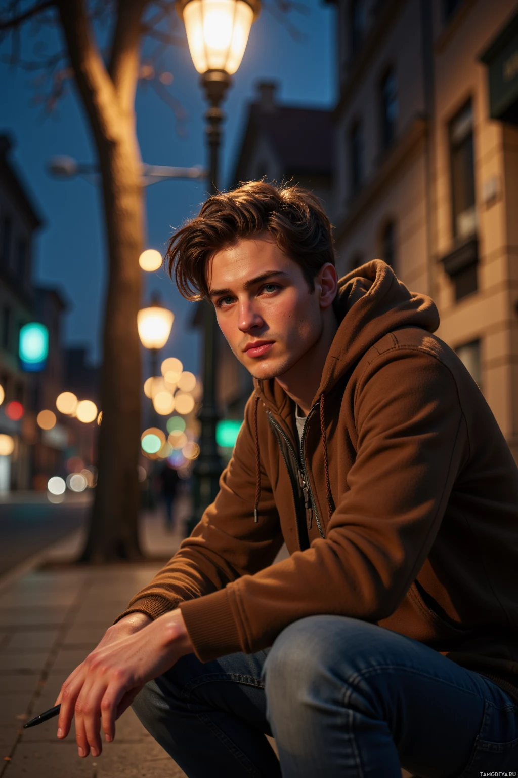 Realistic high quality photo. A 28‑year‑old male writer with windswept brown hair, bright blue eyes, warm pale skin, wearing a slightly brown hoodie and casual jeans, sits on a city sidewalk at night under lamplight, pen poised in hand, eyes reflecting restless determination amid the quiet glow of streetlamps.