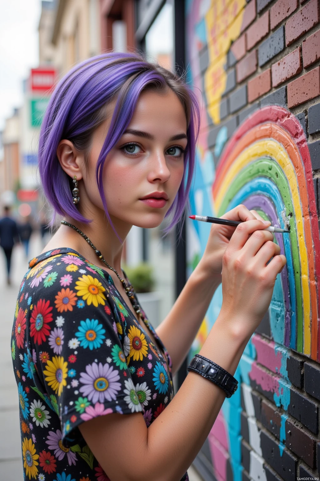 Realistic high quality photo. young woman with vivid purple‑blue‑pink hair, bright blue eyes, fair skin, wearing bold eclectic clothing and colorful jewelry, sketching a vibrant rainbow onto a brick wall in a bustling modern city street at morning light