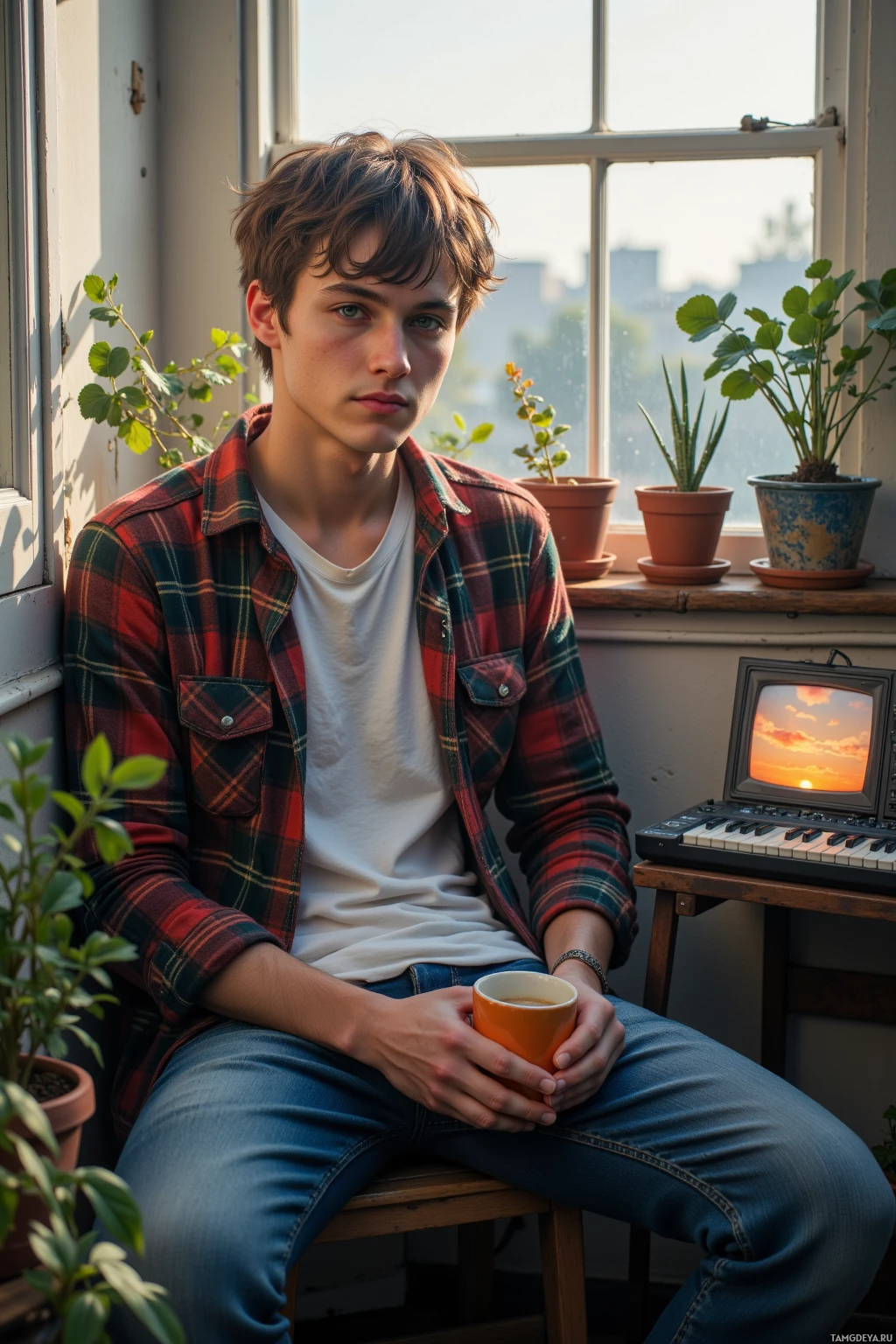 Realistic high quality photo. Young man, 24, with messy light brown hair, bright blue eyes, fair skin, wearing a loose flannel shirt over a plain white tee and relaxed‑fit jeans, sits on a modest balcony with a mug of steaming coffee, an old synth humming softly beside him, a small digital screen shows a slowly filling progress bar, surrounded by potted plants, in early evening light.