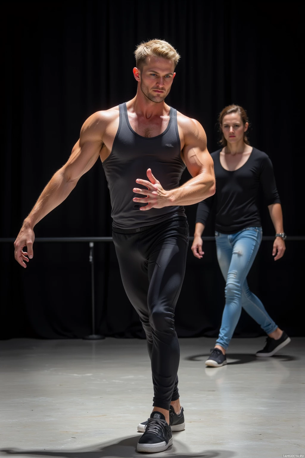 Realistic high quality photo. Athletic 29‑year‑old male dancer with short blonde hair, blue eyes, pale skin, wearing track pants, a fitted top and sneakers, practicing late in a quiet dance studio, twisting and extending his joints in a new fusion routine while a coach offers sharp critique, the floor subtly illuminated, his expression tense yet a playful grin appears as the beat slows.