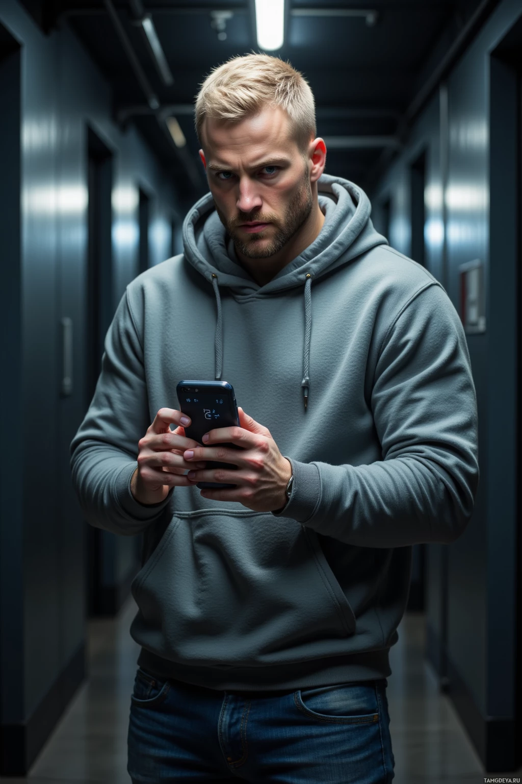 Realistic high quality photo. 35‑year‑old man with buzz‑cut blonde hair, clear blue eyes, wearing a simple gray hoodie and faded blue jeans, standing in a dim hallway with flickering lights, holding a phone showing equations, looking focused and mildly impatient.